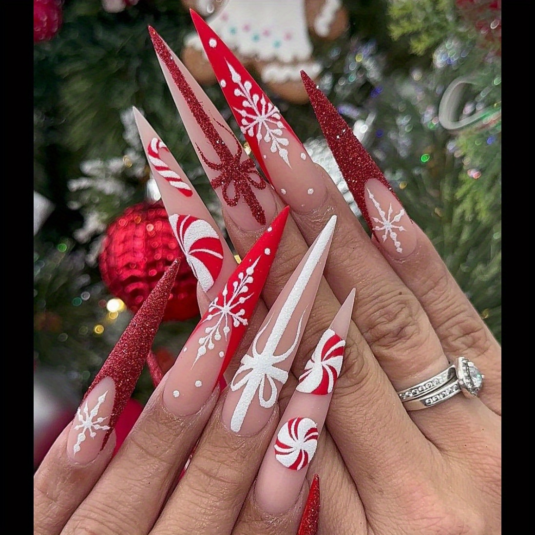 

24pcs Christmas Long Stiletto Fake Nails, Red White Press On Nails With And Candy Cane Design, Glitter False Nails For Women Girls