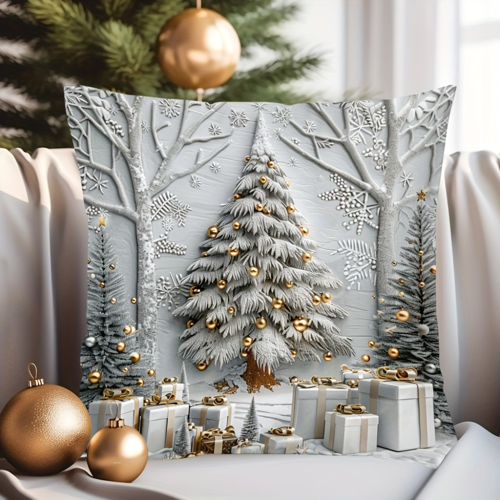 

1pc Christmas Tree With Gifts Plush Throw Pillow Cover, 100% Polyester Woven, Contemporary, Spot-clean, For Sofa, Living Room, Bedroom With Zipper Closure