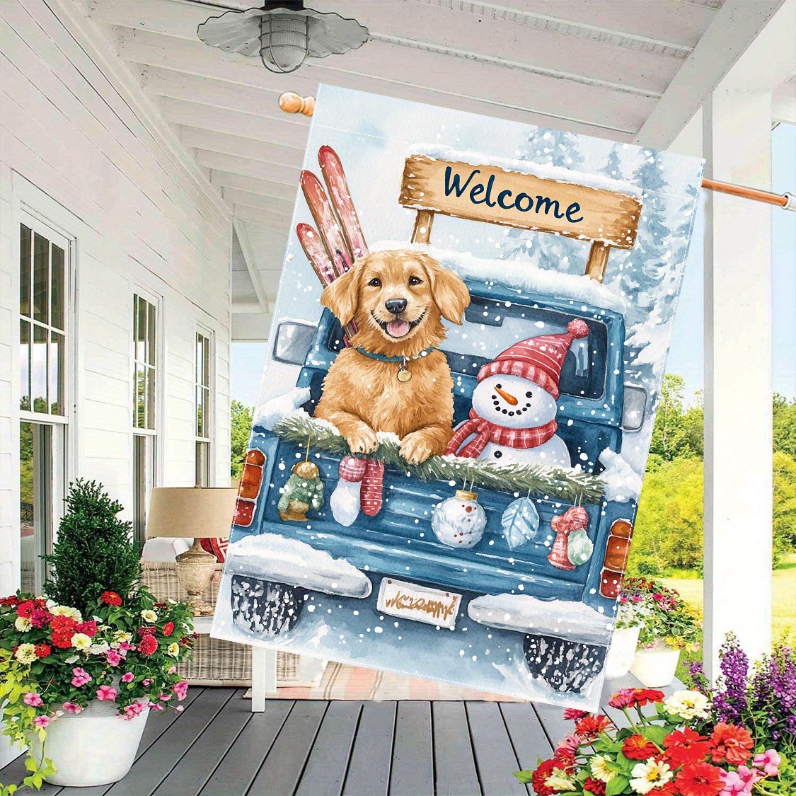 

1pc, Christmas Garden Flag, 28x40 Inches, Double-sided Polyester, Snowman & Golden Retriever In Blue Truck Design, Outdoor Yard Lawn Decoration, No Power Needed