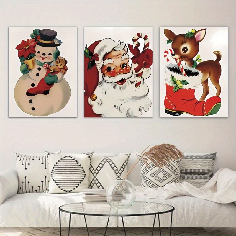 

Vintage Christmas Canvas Art Set- 3pcs Santa Claus, Reindeer& Snowman Wall Decor, Living Room, Bedroom, Dining& Kitchen (wrapped Canvas)