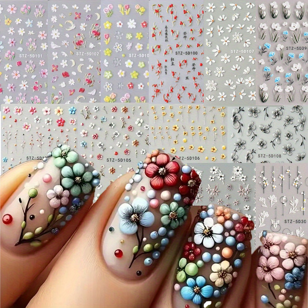 

12 Sheet Flower Nail Art Stickers Decals 5d Embossed Daisy Nail Decals 4pcs Five-petaled Nail Designs Floral Nail Art Supplies Manicure Decal Accessories For Women Girls Diy Nail Art Decorations