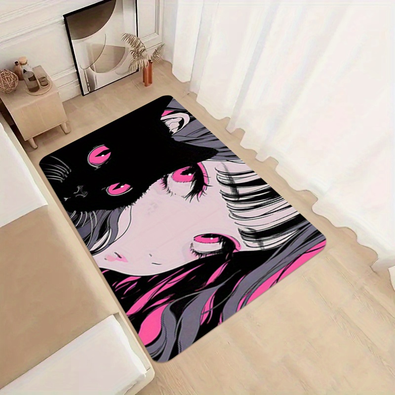 

Anime & Black Cat Design Flannel Rug - 1pc, Non-slip, Machine Washable Floor Mat For Living Room, Bedroom, Bathroom, Kitchen - Decor
