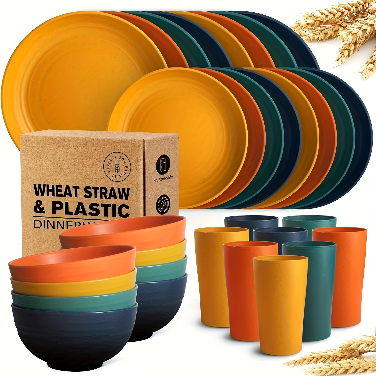 16/32pcs Kitchen Plastic Wheat Straw Dinnerware Set, Service for 8, Dinner  Plates, Dessert Plate, Cereal Bowls, Cups, Unbreakable Colorful Plastic Out