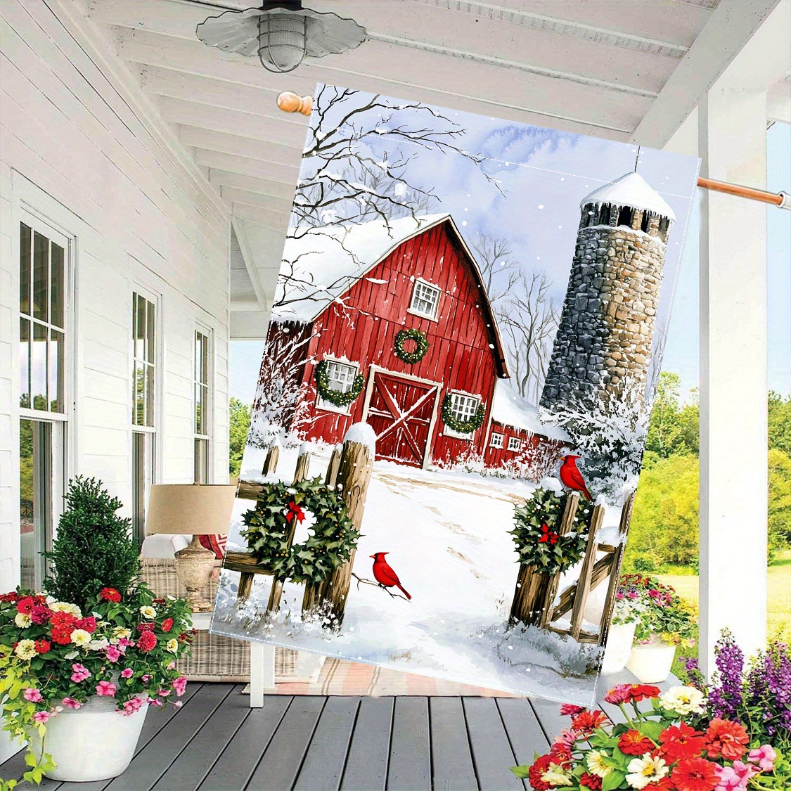 

Red Barn Winter Scene 28"x40" Double-sided Polyester Garden Flag - Outdoor Yard Décor Without Electricity