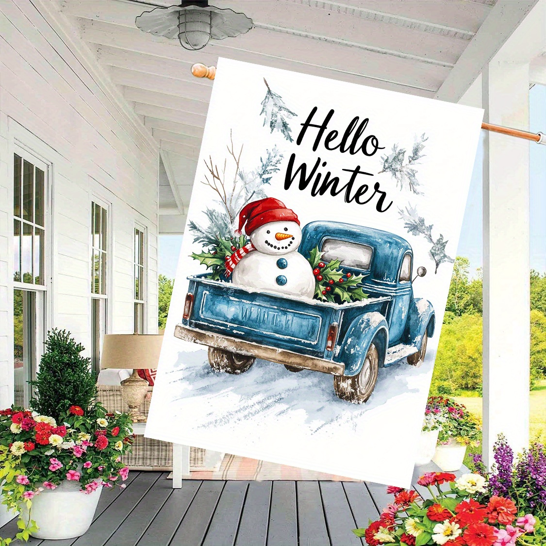 

1pc Hello Truck Snowman Double-sided Polyester Garden Flag, 28x40 Inch Outdoor Lawn Decoration, No Electricity Needed