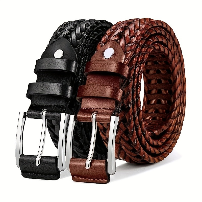 

2pcs Men's Genuine Leather Belt - Vintage Style, Square For Jeans & Pants, Perfect Gift Idea