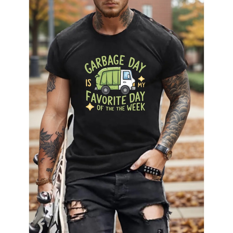 

Men's Garbage Truck Graphic Tee - Casual Crew Neck Short Sleeve T-shirt With Slight Stretch, Polyester Knit Fabric, Geometric Pattern, Summer Fit - Adult Garbage Day Print Shirt