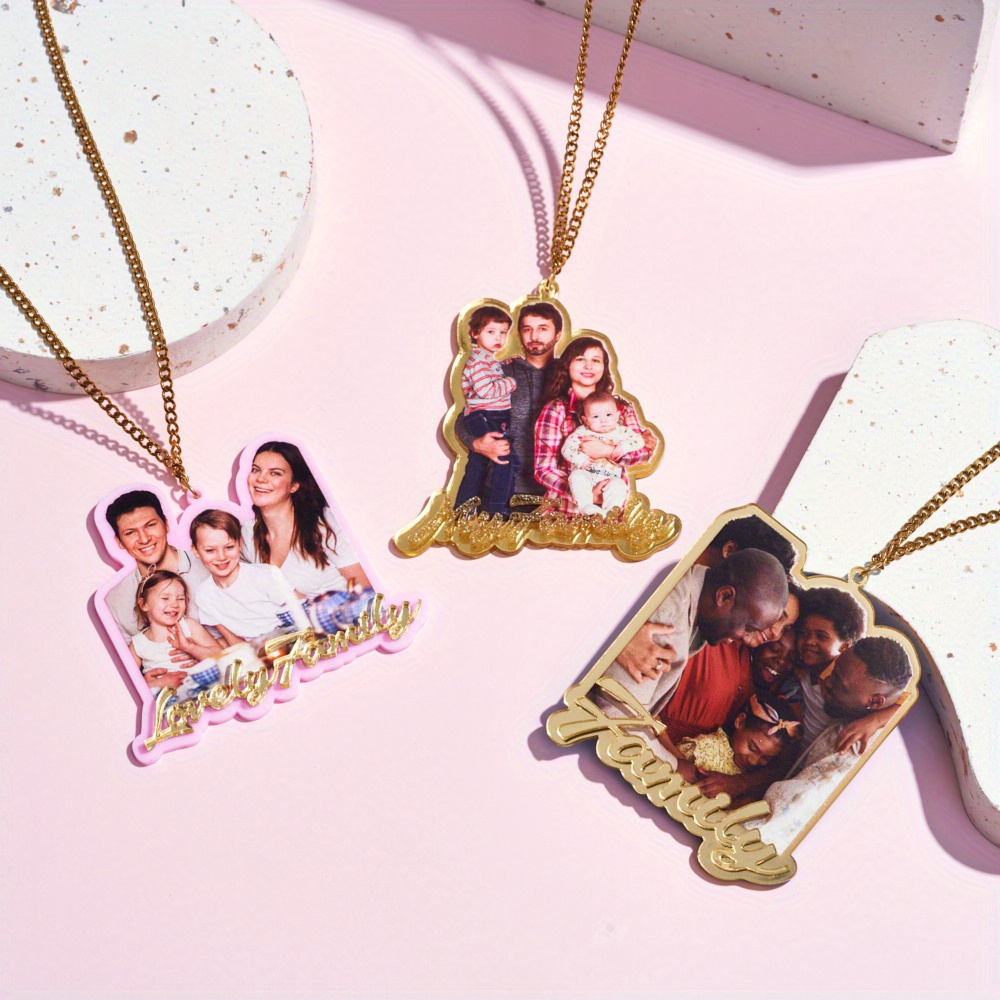 

Custom Family Photo Pendant Necklaces - Personalized Acrylic Picture Charms With "family" , Simple Y2k Style Jewelry, For All - Ideal For & Gift-