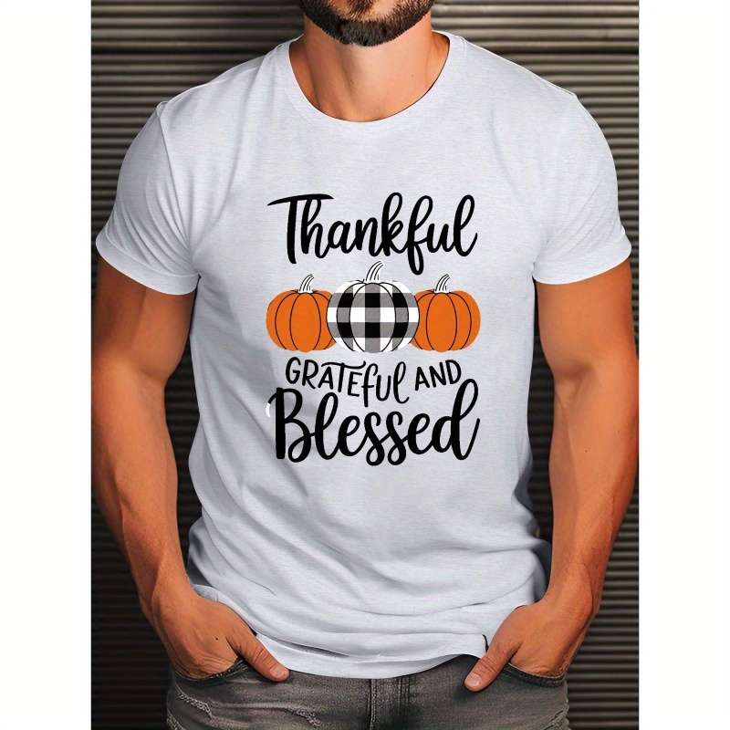 

Men's Polyester Crew Neck T-shirt With Pumpkin Graphic And ' And Blessed' Print – Geometric Pattern, , Slight Stretch, Knit Fabric, Regular Fit For Summer