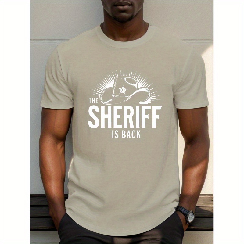 

T-shirt en polyester géométrique avec insigne de shérif pour homme - Débardeur casual à manches courtes en avec légère élasticité pour l'été