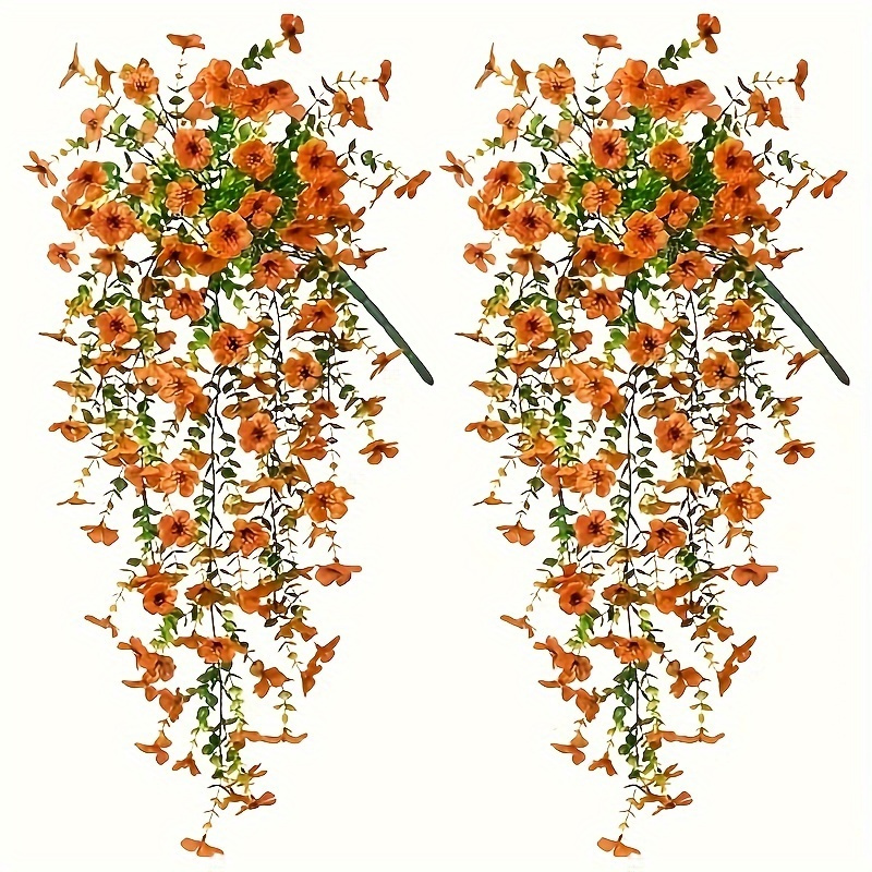 Image of 2pcs Set Of Uv-protective Artificial Daisy Hangings - Perfect For Indoor, Porch, Window, And Outdoor Spaces - Ideal For Easter, Thanksgiving, And Mother's Day - No Power Required, Orange Flowers