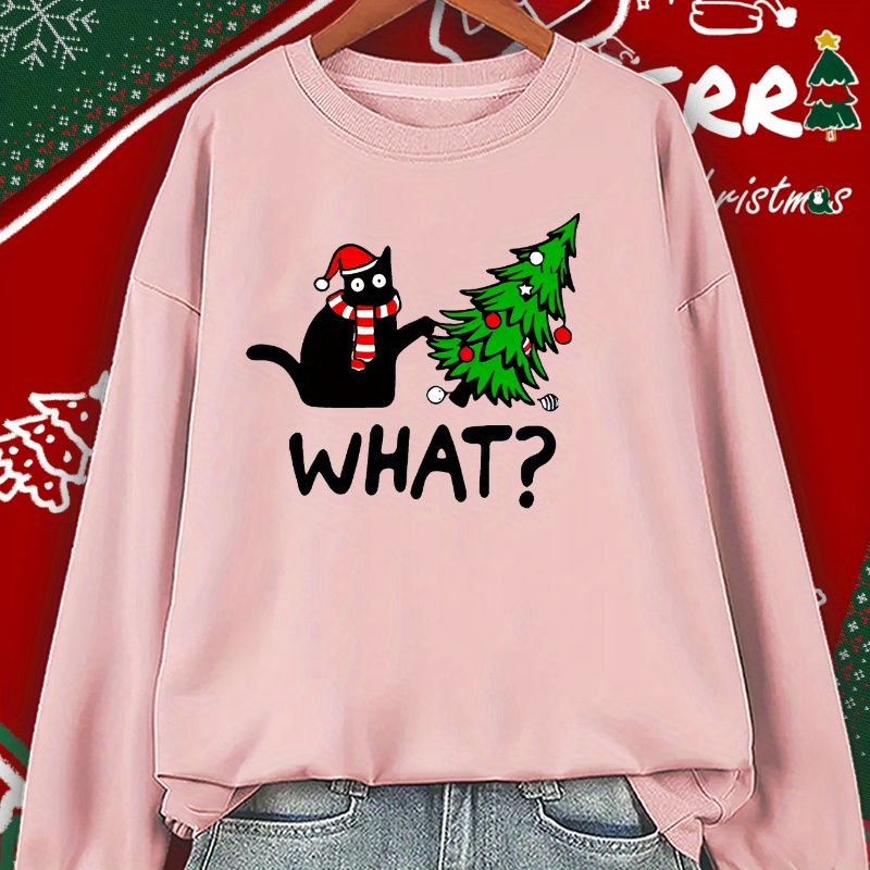 

Elegant Knit Polyester Sweatshirt - Crew Neck, Christmas Cat And Tree Print, Casual Long Sleeve Pullover For All - Middle Eastern Style, Chic Loose Fit