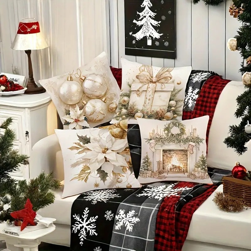 

4pcs Christmas Throw Pillow Covers Set - Golden & Silvery Designs With Gift Box, Bells & Flowers - Invisible Zipper For Sofa Decor - Linen Square Printed Cushion Cases (no Insert)