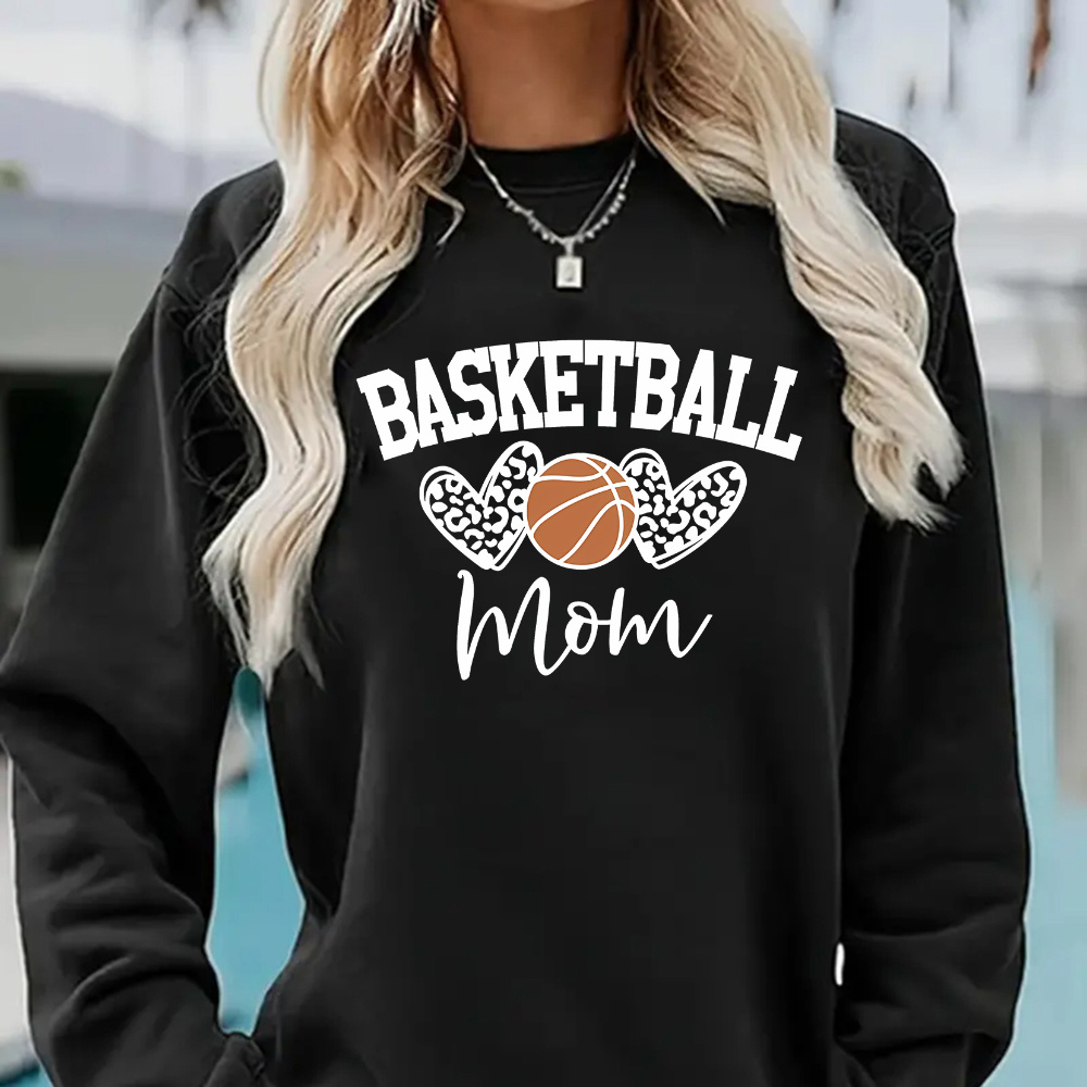 

Women's Casual Basketball Mom Graphic Pullover Sweatshirt - 100% Polyester Knit, Crew Neck, Long Sleeve, Slight Stretch, Comfort Athletic Wear