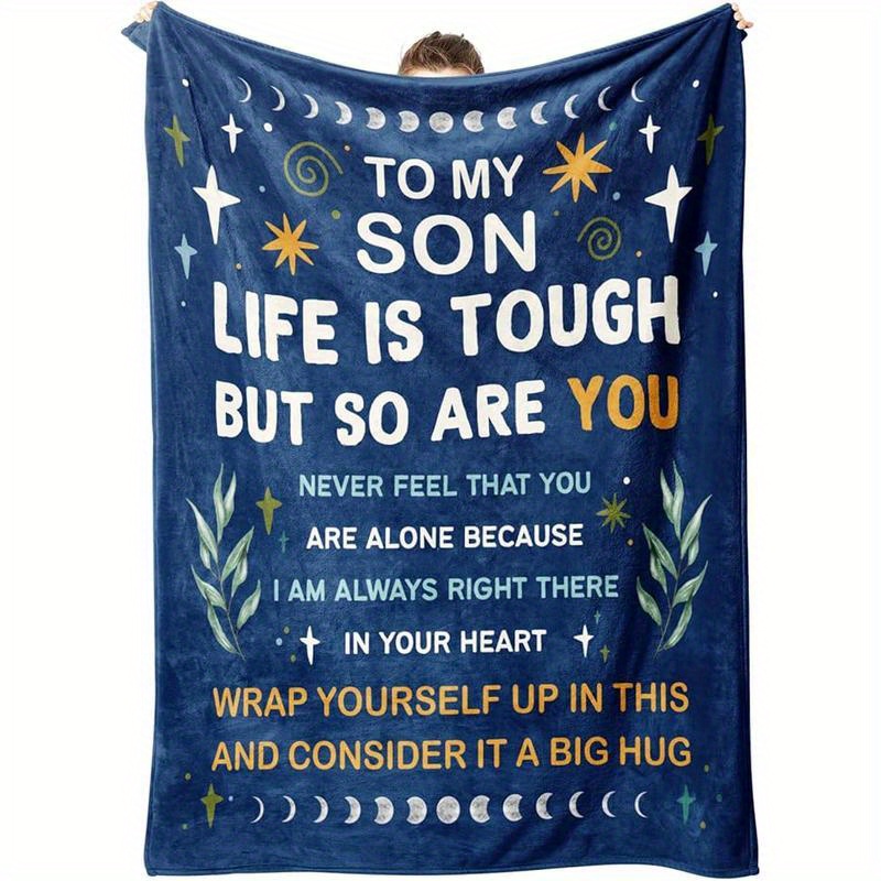 

Inspirational "to My Son" Flannel Blanket - Cozy & Reversible, All - Ideal Birthday, Christmas, Graduation Gift From Mom & Dad - Soft, Warm Blue With Design - Multiple Sizes