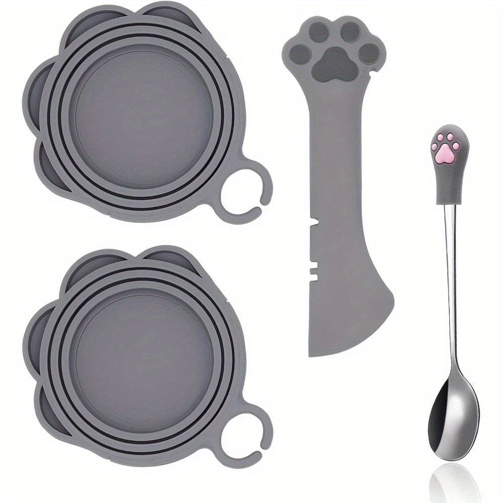 TEMU 4 Pack Reusable Pet Can Opener And Sealing Lid, With Stainless Steel Feeding Spoon, Cat And Dog Wet Food Feeding Spoon, Multifunctional Can