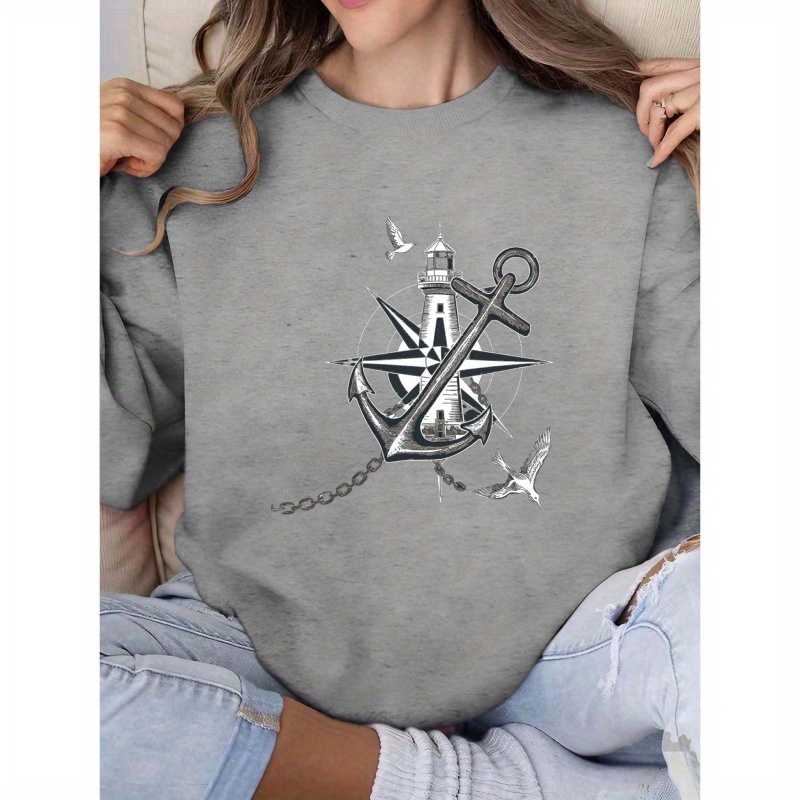 

Nautical Anchor & Lighthouse Print Sweatshirt For Women - 100% Polyester Crew Neck Knit Casual Geometric-pattern Regular Length Fall/winter Pullover