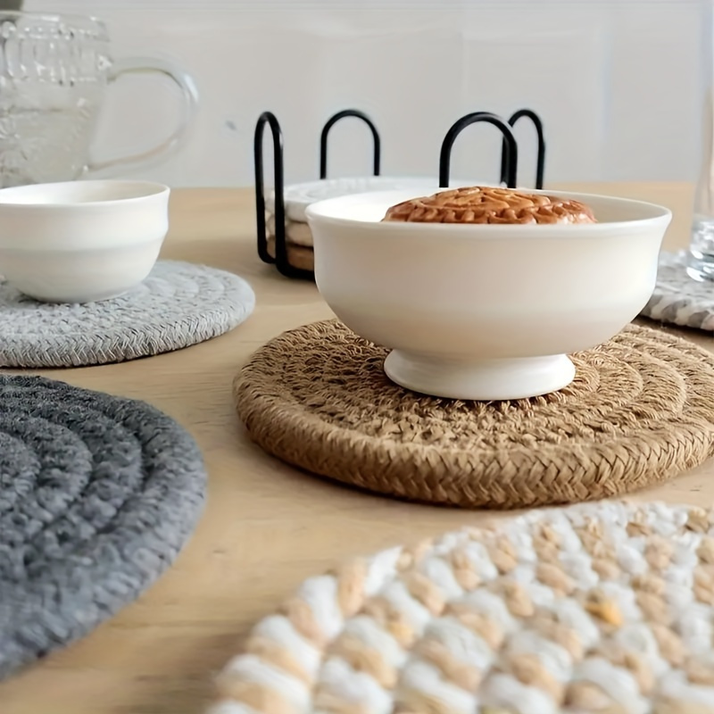 6pcs elegant woven polyester cup coasters set with black metal stand absorbent   backing for protecting   table ideal easter gift coffee table essentials decorative coasters durable polyester Product details 1