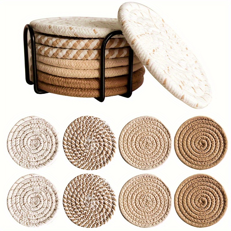 6pcs elegant woven polyester cup coasters set with black metal stand absorbent   backing for protecting   table ideal easter gift coffee table essentials decorative coasters durable polyester Product details 0