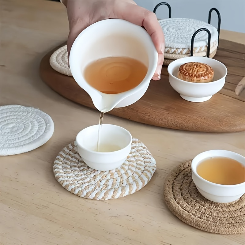 6pcs elegant woven polyester cup coasters set with black metal stand absorbent   backing for protecting   table ideal easter gift coffee table essentials decorative coasters durable polyester Product details 3