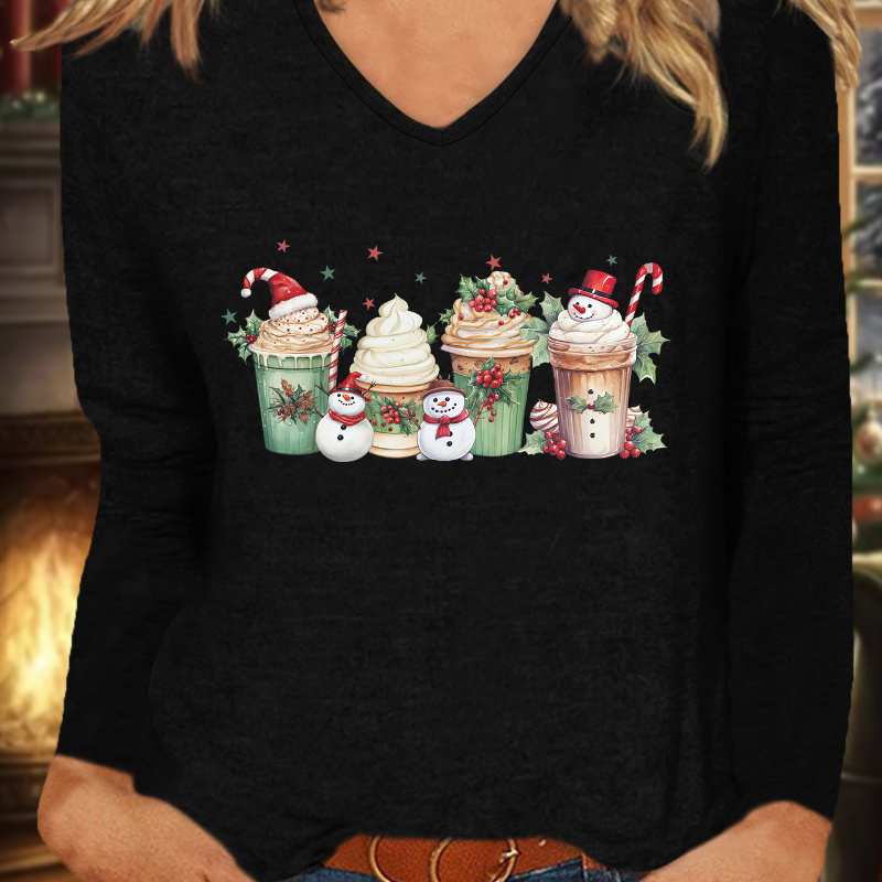 

Christmas Comfy T-shirt, V Neck Long Sleeve Sports Tee, Women's Activewear For Fall & Winter