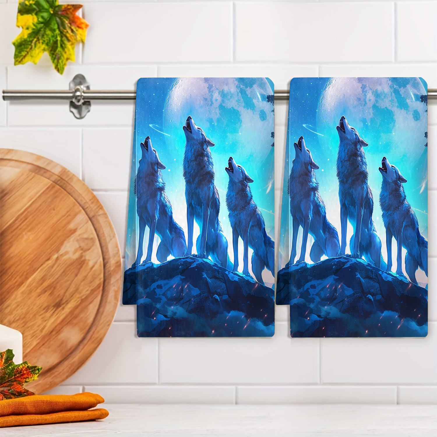 

Modern Woven Polyester Towels With Wolves Design - Machine Washable, Cartoon-themed Kitchen Towels For Cleaning And Table Decor, Universal Holiday Oblong Towels (240g/㎡)