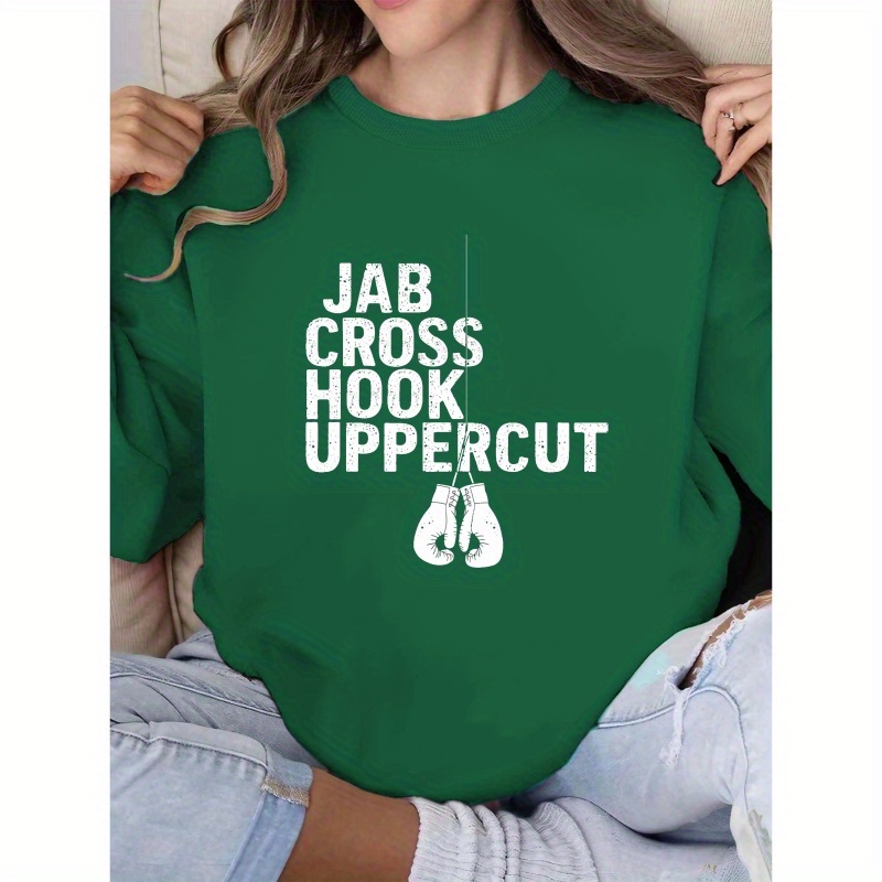 

Women's Boxing Motif Sweatshirt - 100% Polyester Casual Crew Neck Pullover With Geometric Boxing Graphic, Knit Fabric Regular Fit Fall/winter Top