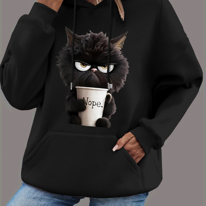 

Plus Size Casual Hooded Sweatshirt With Cat Print - Knit Polyester 100%, Animal Pattern, Pullover Hoodie, Fall/winter Collection, Stretch Fabric, Solid Color, No Detailing, Fit