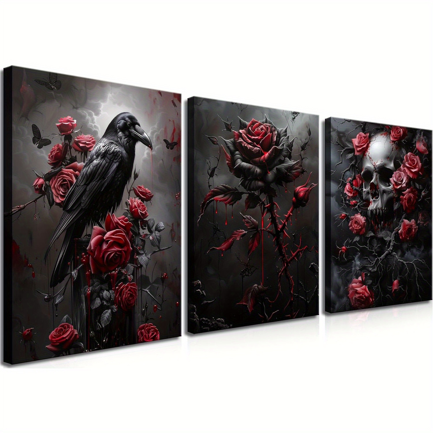 

Gothic Canvas Wall Art Set Of 3, Wall Decor Painting, Dark Gothic Crow Poster Print For Bathroom Living Room Decor