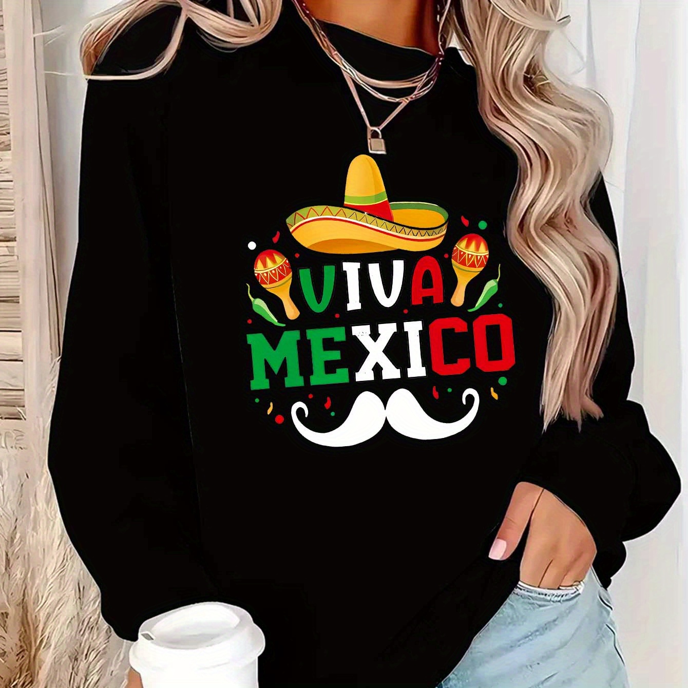 

Women's Cozy Fleece-lined Pullover Sweatshirt With Mexican Cartoon Print - Casual Long Sleeve Crew Neck Top, Machine Washable