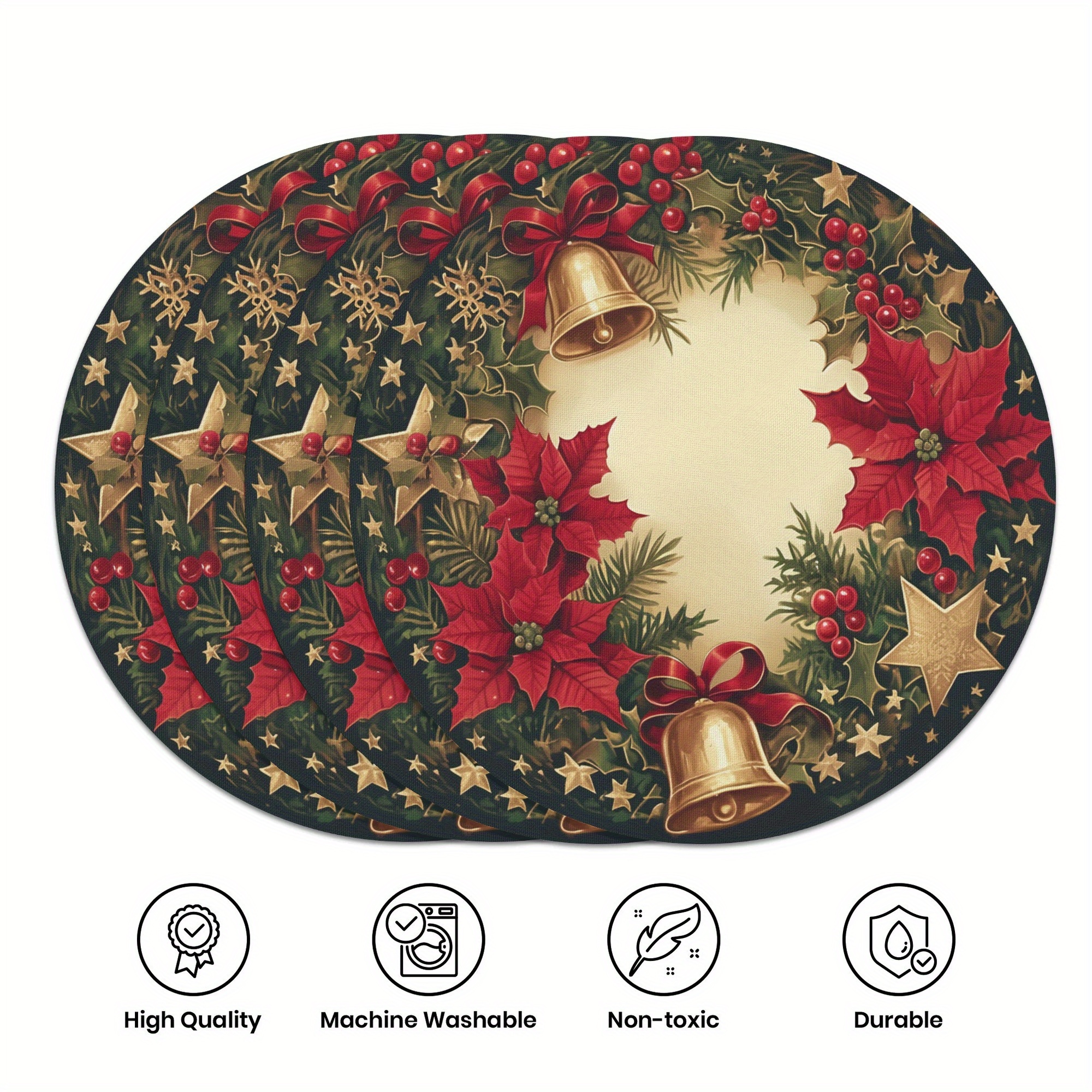 

4pcs Set, Winter Placemat -15 Inch Round, Christmas Themed Element Pattern, Anti Slip And Heat-resistant, For Christmas Decorative Placemats, Holiday Dining And Furniture Decoration