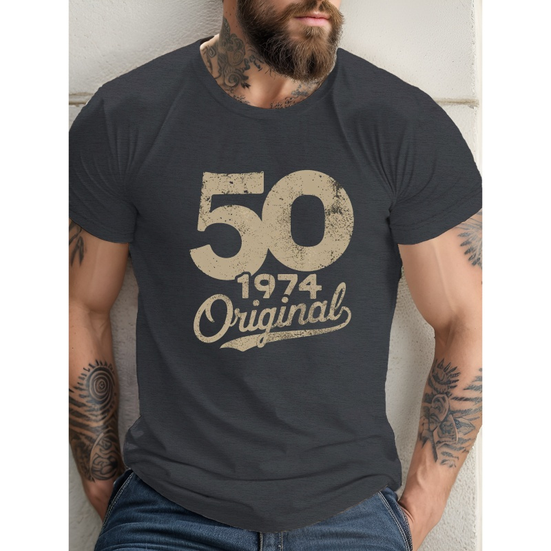 

Vintage 1974 Original 50th Birthday Polyester T-shirt - Casual Crew Neck Knit Fabric Top With Geometric Number Print, Stretch, Regular Fit Adult Tee For Summer