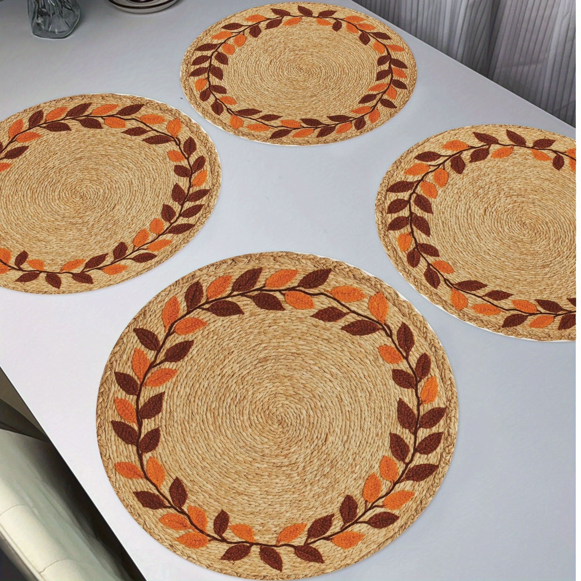 

4-pack Jit Thanksgiving Fall Leaves Wreath Round Placemats, 15" Polyester Table Mats, Non-slip, Washable, Heat Resistant, Autumn Seasonal Kitchen & Dining Decor