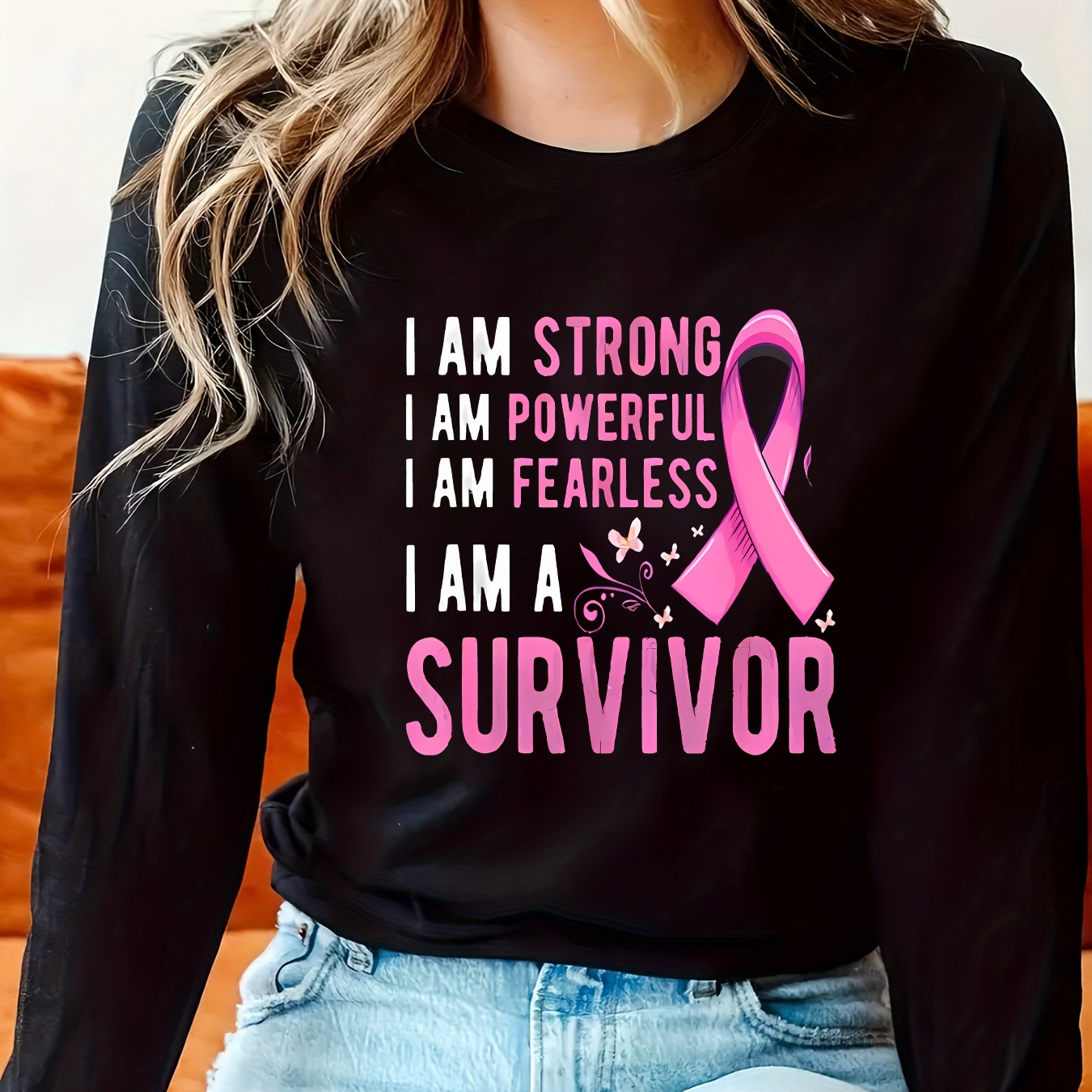 

Women's Inspirational Breast Awareness Survivor Graphic Long Sleeve T-shirt - Casual Crew Neck Knit Polyester Tee With Slight Stretch