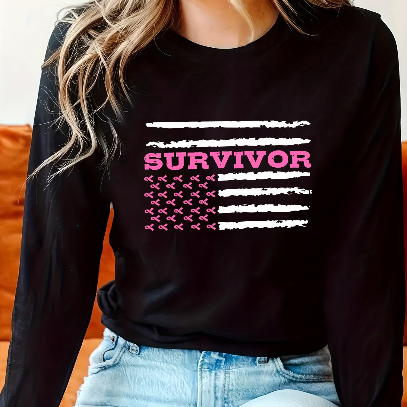 

Women' Flag Print Long Sleeve T-shirt - Casual Crew Neck With Slight Stretch, Polyester Spandex , Breast Awareness Knit Top