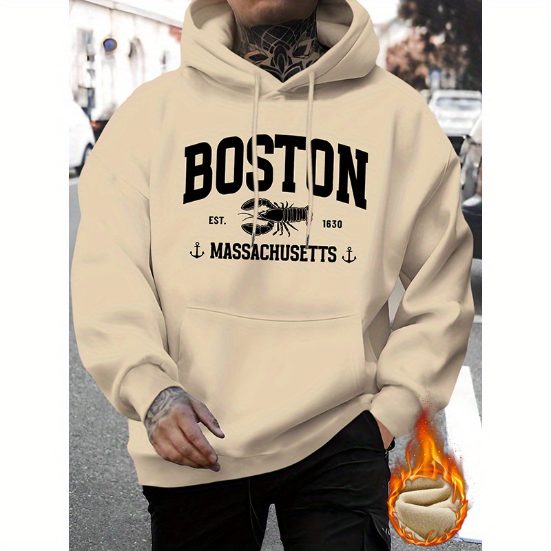 

Men's Boston Alphabet Hoodie - Fall/ Knit Fabric Pullover - Regular Fit Polyester Hooded Sweatshirt With Drawstring - Comfortable Long Sleeve Hoodie With Stretch