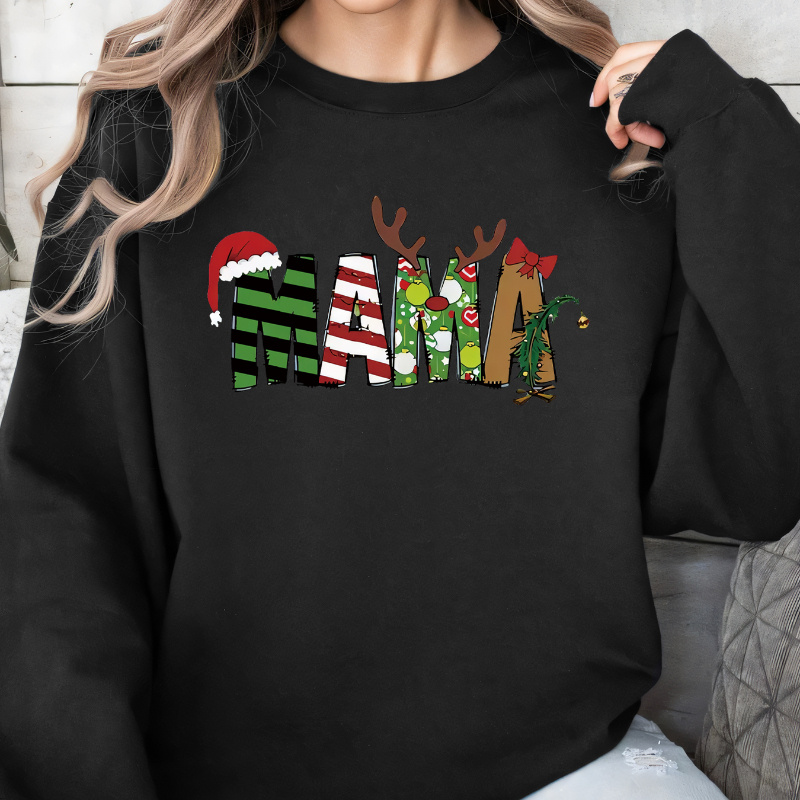 

Casual Christmas Mama Letter Neck Sweatshirt For Women, Knit Polyester Long Sleeve Pullover, Holiday Graphic Top - Fall/