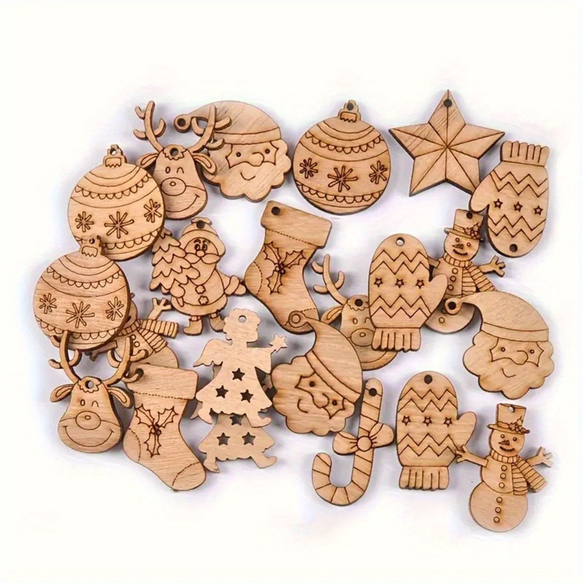 

100pcs Christmas Wooden Ornaments Set - Art Unfinished Wood For Diy Scrapbooking, Seasonal - Includes , Snowman, - No Needed, Featherless