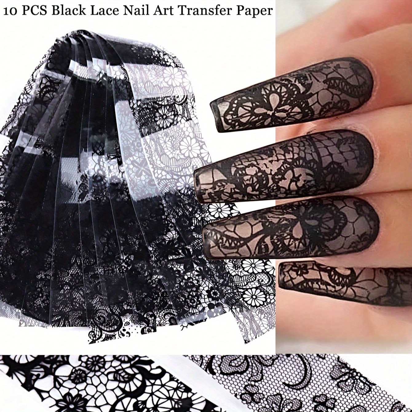 

10 Pcs Black Lace Nail Art Transfer Stickers, Semi- Floral Embroidered Decals, Irregular Stripes Pattern, Unscented, Single Use, Self-adhesive For Plastic Surfaces, Nail Salon Diy Decoration