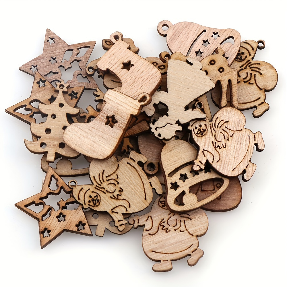 

50pcs Wooden Christmas Charms Set For Crafting, Assorted Cutout Shapes - Santa, Snowman, Reindeer, Tree - Ideal For Necklaces, Bracelets, Keychains