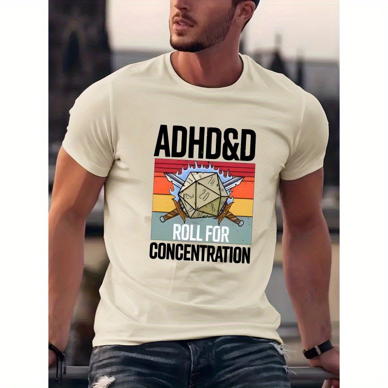 

Adhd&d Roll For Concentration Graphic T-shirt For Adults - Casual Short-sleeve Polyester Knit Fabric, Round Neck, Regular Fit, Summer Collection