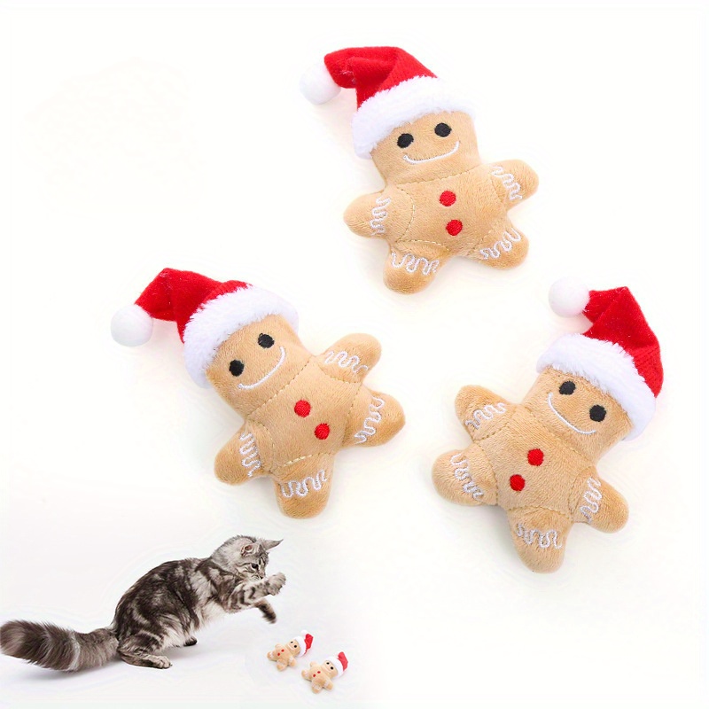 

3-pack Plush Gingerbread Cat Toys With Santa Hats, Interactive Indoor Accessories, Soft Material, No Batteries Required