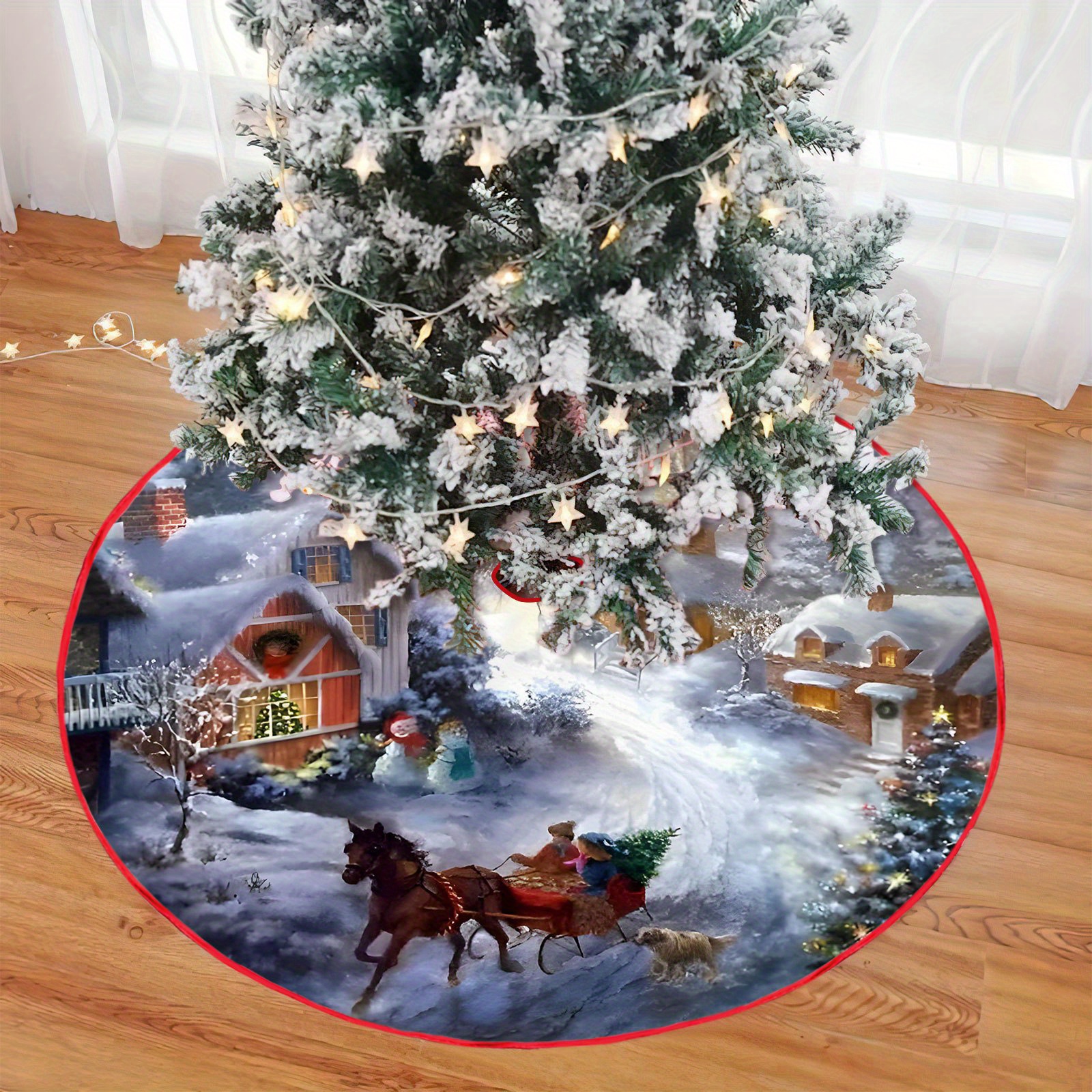 TEMU 1pc Christmas Tree Skirt, Christmas Tree Decoration Christmas Tree Skirt, Reindeer And Santa Claus, Small Bell Pattern, Christmas Car, Christmas