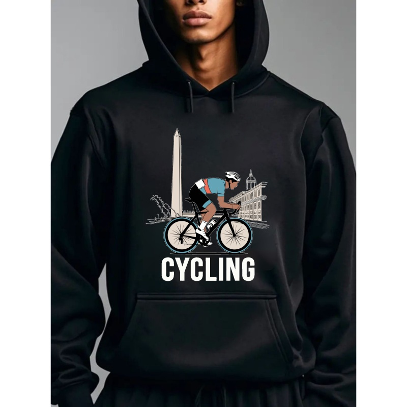 

Men's Casual Fleece Hoodie With Cycling Print - Long Sleeve, Kangaroo Pocket Pullover For Fall/winter