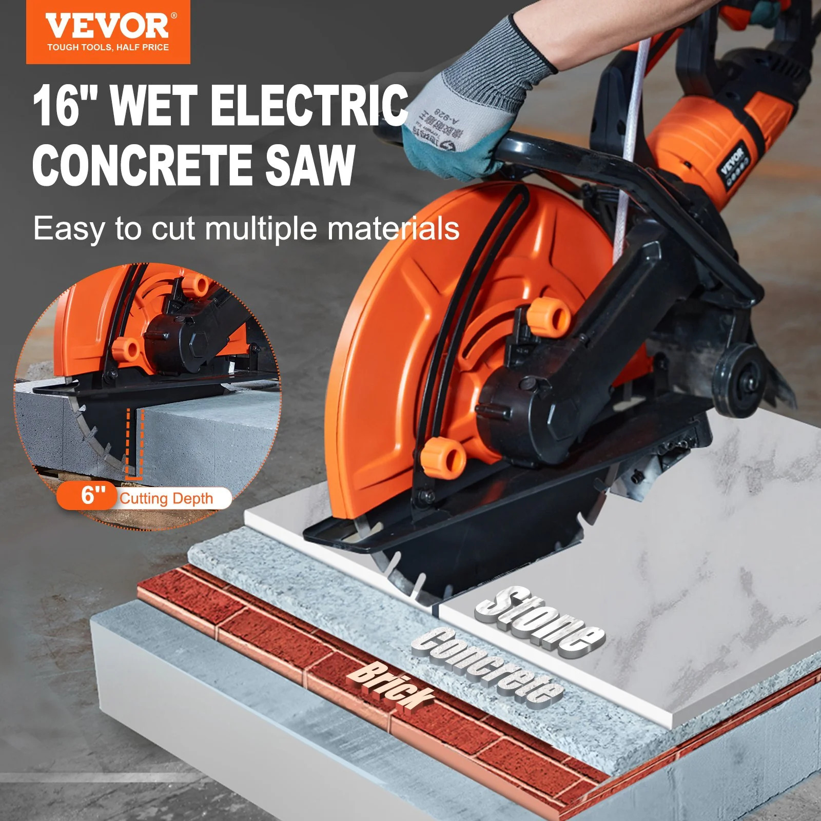 

Electric Concrete Saw, 16 In, 3200 W 15 Saw Cutter . 6 In Adjustable Cutting , Wet Disk Saw Cutter Includes , Pump And Blade, For Stone, Brick