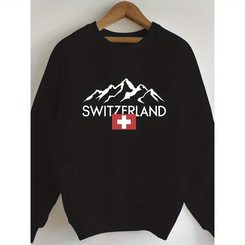 

Switzerland Mountain Graphic Crew Neck Sweatshirt - 100% Polyester Casual Knit Fabric Pullover For Fall/winter, Regular Length With Geometric Pattern - No Style