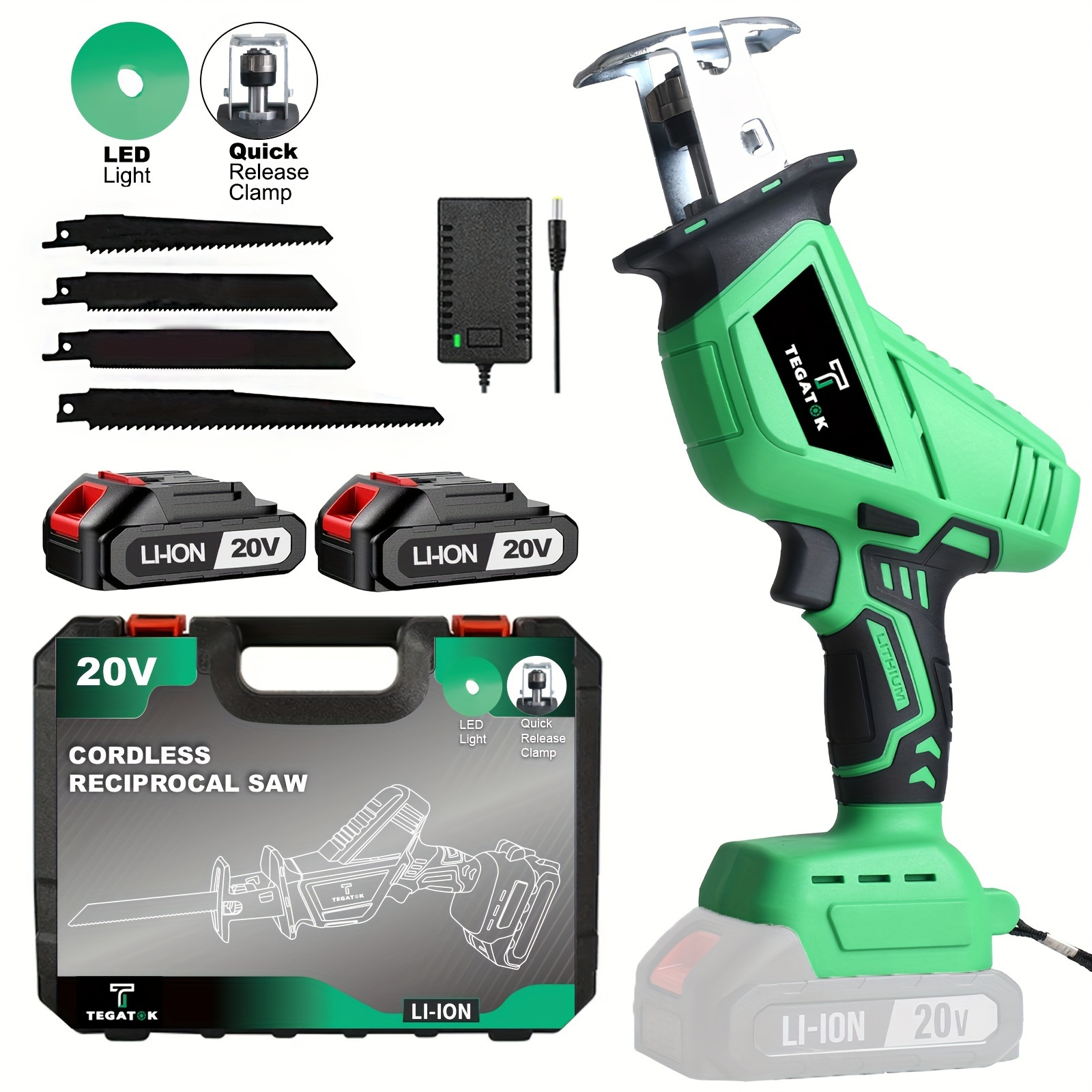 

Tegatok 20v Cordless Reciprocating Saw, Chain Saw, 2.0ah Battery, 3000 Rpm, Blade , Reciprocating Saw With Led Lights, 4 Replacement Saw Blades And Toolbox For Wood, Metal, And Pvc Cutting