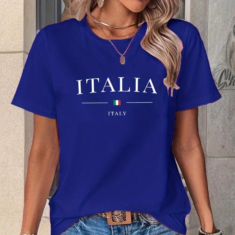 

Women' T-shirt - Casual , Round Neck, Stretch Polyester Fabric, Machine Washable, Regular Length, Solid Color With "italia" Lettering