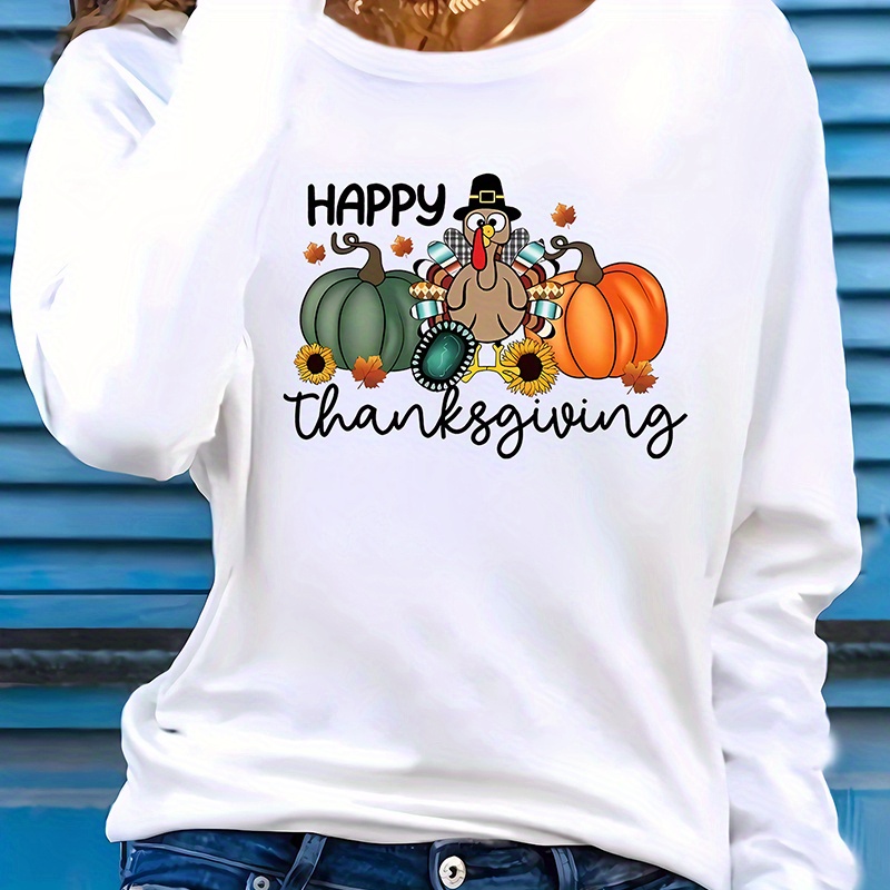 

Women's Casual Thanksgiving Tee - Pumpkin & Cartoon Chicken Print, Long Sleeve Crew Neck Top, Soft Polyester , Machine Washable