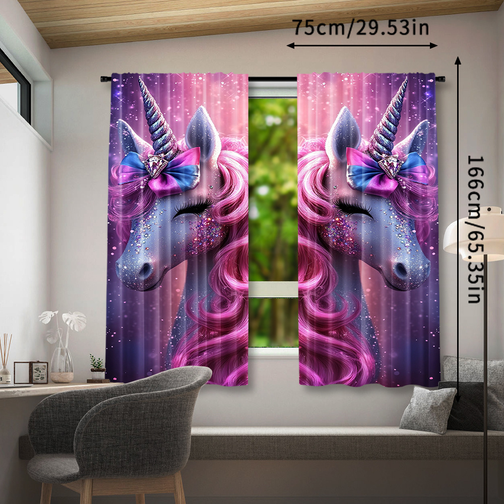 TEMU 2pcs Pink Unicorn Light Filtering Curtain Set - Rod Pocket Privacy Window Drapes For Bedroom, Living Room & More - Machine Washable Polyester